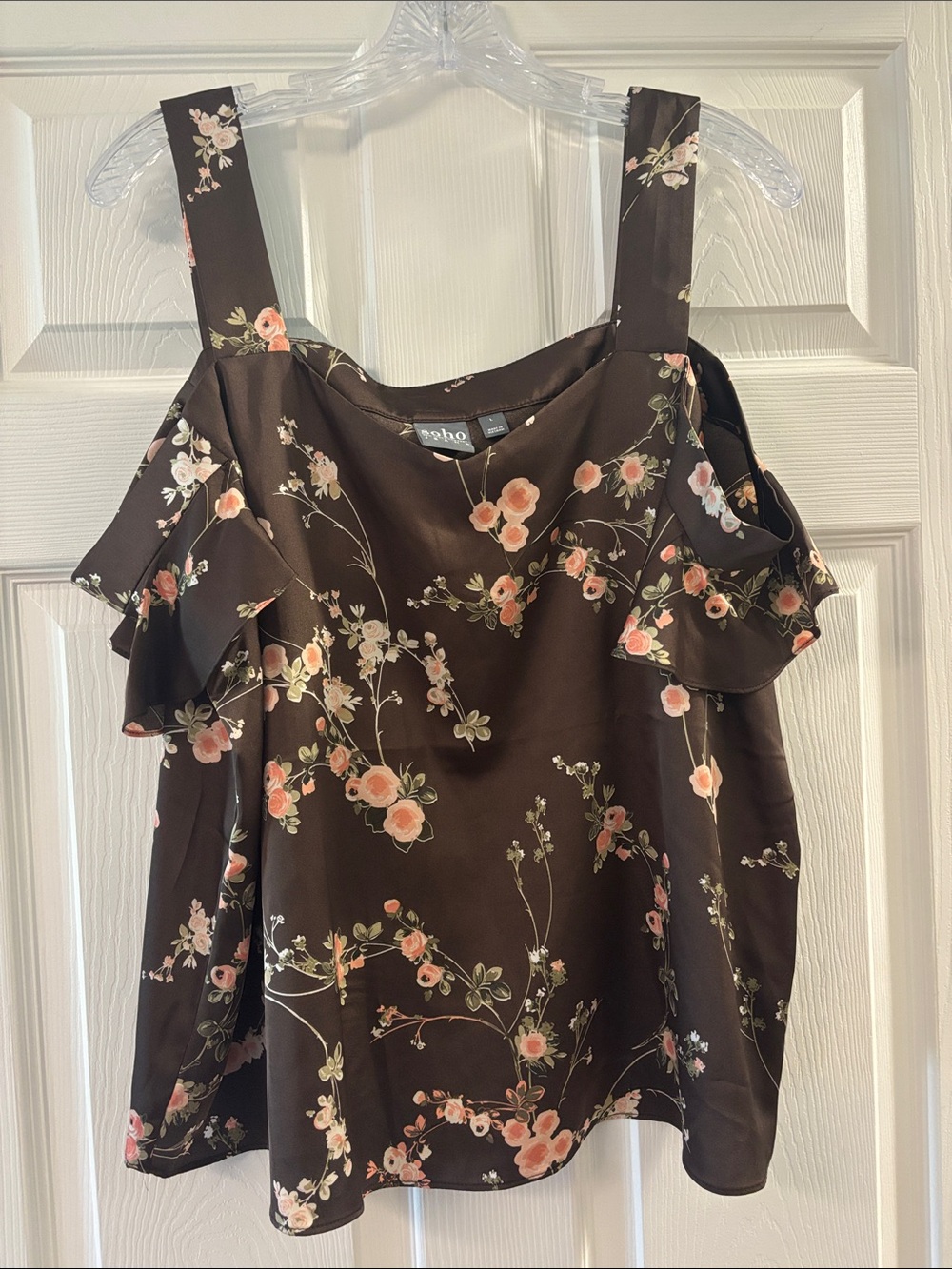 New York & Company Brown Floral Cold-Shoulder Blouse